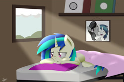 Size: 3000x2000 | Tagged: safe, artist:chikiz65, dj pon-3, octavia melody, vinyl scratch, earth pony, pony, unicorn, bed, blanket, full body, picture, pillow, room, sun, thinking, window