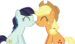 Size: 5548x3266 | Tagged: safe, artist:ironm17, applejack, coloratura, earth pony, pony, eyes closed, female, lesbian, mare, nuzzling, rarajack, shipping