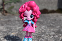 Size: 6000x4000 | Tagged: safe, artist:artofmagicpoland, pinkie pie, equestria girls, doll, equestria girls minis, eqventures of the minis, fourth wall, looking at you, one eye closed, pointing, smiling, solo, stone, toy, wink