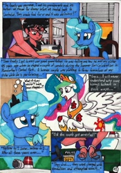 Size: 2087x2989 | Tagged: safe, artist:newyorkx3, princess celestia, princess luna, oc, oc:tommy the human, alicorn, pony, comic:young days, clothes, comic, digital art, female, mare, traditional art