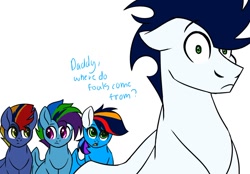 Size: 1024x713 | Tagged: safe, artist:colourstrike, soarin', oc, oc:glider, pony, canon x oc, nervous, offspring, parent:rainbow dash, parent:soarin', parents:soarindash, simple background, the birds and the bees, the talk, where do babies come from?, white background