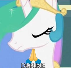 Size: 810x774 | Tagged: safe, edit, edited screencap, screencap, princess celestia, alicorn, pony, the crystal empire, caption, cropped, dorime, emoji, image macro, meme, praying, text