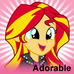 Size: 250x250 | Tagged: safe, sunset shimmer, equestria girls, clothes, cute, derpibooru, green eyes, jacket, meta, shimmerbetes, shimmersmile, smiling, spoilered image joke, when she smiles