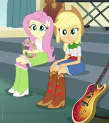 Size: 383x432 | Tagged: safe, screencap, applejack, fluttershy, equestria girls, rainbow rocks, bass guitar, boots, clothes, cowboy boots, cowboy hat, cropped, denim skirt, female, hat, looking at you, musical instrument, shoes, skirt, stetson, tambourine