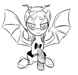 Size: 706x678 | Tagged: safe, artist:rubrony, succubus, bat wings, castlevania, clothes, corset, looking at you, monochrome, ponified, raised hoof, solo