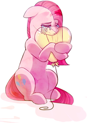 Size: 1298x1831 | Tagged: safe, artist:elskafox, pinkie pie, earth pony, pony, balloon, crying, female, hug, mare, pinkamena diane pie, sad, sitting, solo