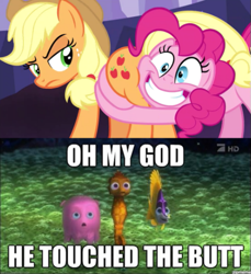 Size: 501x547 | Tagged: safe, edit, edited screencap, screencap, applejack, pinkie pie, earth pony, pony, shadow play, butt touch, butthug, faceful of ass, finding nemo, he touched the butt, hug, pinkie hugging applejack's butt, pixar, raised eyebrow