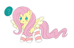 Size: 688x447 | Tagged: safe, artist:bubbled-tea-dreams, fluttershy, pegasus, pony, blushing, chibi, clothes, cute, hnnng, question mark, shyabetes, simple background, socks, solo, striped socks, transparent background