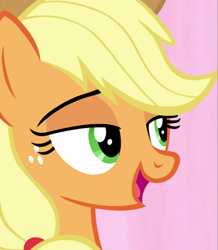 Size: 629x720 | Tagged: safe, screencap, applejack, earth pony, pony, fame and misfortune, bedroom eyes, cropped, female, freckles, lidded eyes, mare, open mouth, solo