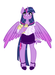 Size: 1280x1760 | Tagged: safe, artist:meb90, twilight sparkle, twilight sparkle (alicorn), alicorn, anthro, plantigrade anthro, clothes, female, high heels, looking at you, scroll, shoes, simple background, skirt, smiling, solo, white background