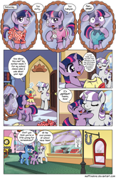 Size: 1200x1845 | Tagged: safe, artist:muffinshire, derpibooru import, night light, twilight sparkle, twilight velvet, comic:twilight's first dance, anvil, clothes, comic, dialogue, dress, farrier, filly, filly twilight sparkle, floppy ears, horseshoes, muffinshire is trying to murder us, speech bubble, undersized clothes