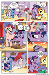 Size: 1200x1845 | Tagged: safe, artist:muffinshire, derpibooru import, night light, twilight sparkle, twilight velvet, oc, comic:twilight's first dance, brannock device, comic, dialogue, farrier, female, file, filly, filly twilight sparkle, hammer, horseshoes, magic, muffinshire is trying to murder us, nails, speech bubble, telekinesis