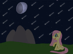 Size: 3288x2424 | Tagged: safe, artist:sb1991, fluttershy, pegasus, pony, challenge, equestria amino, female, moon, mountain, night, shooting star, stargazing, stars