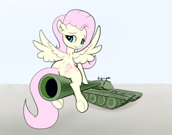 Size: 2738x2152 | Tagged: safe, artist:xbi, fluttershy, pegasus, pony, female, looking at you, solo, spread wings, tank (vehicle), underhoof, wings