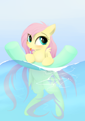 Size: 1024x1447 | Tagged: safe, artist:posionjoke, fluttershy, pegasus, pony, cute, female, mare, pool noodle, shyabetes, smiling, solo, swimming, tongue out, water, wet mane