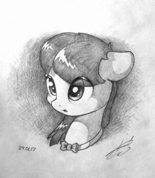 Size: 1032x1184 | Tagged: safe, artist:freeedon, octavia melody, earth pony, pony, bowtie, bust, floppy ears, grayscale, looking at something, monochrome, open mouth, pencil drawing, portrait, solo, traditional art