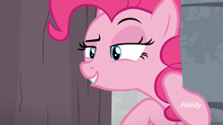 Size: 1920x1080 | Tagged: safe, screencap, pinkie pie, earth pony, pony, molt down, curious, discovery family logo, female, interested, lidded eyes, lip bite, mare, out of context, raised eyebrow, smiling, solo