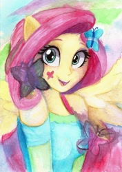 Size: 669x943 | Tagged: safe, artist:astevenamedwolf, fluttershy, butterfly, better together, equestria girls, female, looking at you, open mouth, ponied up, smiling, solo, traditional art