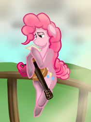 Size: 1200x1600 | Tagged: safe, artist:alltheworldbronyf, pinkie pie, earth pony, pony, bedroom eyes, female, guitar, mare, photo, shadow, sky, solo