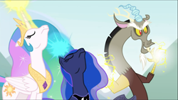 Size: 1667x939 | Tagged: safe, screencap, discord, princess celestia, princess luna, alicorn, pony, the ending of the end, cropped, glowing horn, horn, magic, nose in the air, powering up, royal sisters, trio