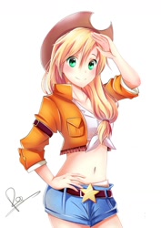 Size: 1024x1448 | Tagged: safe, artist:kimikirakiro, applejack, human, anime, belly button, blushing, clothes, cowboy hat, female, front knot midriff, hand on hip, hat, humanized, looking at you, midriff, no more ponies at source, shorts, signature, simple background, smiling, solo, stetson, white background