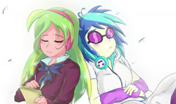 Size: 1024x608 | Tagged: safe, artist:amazingpuffhair, dj pon-3, lemon zest, vinyl scratch, equestria girls, friendship games, female, lemonscratch, lesbian, shipping, sunglasses