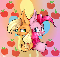 Size: 900x854 | Tagged: safe, artist:emily-826, applejack, pinkie pie, earth pony, pony, apple, applepie, back to back, bust, chest fluff, cutie mark, female, food, freckles, lesbian, looking at each other, missing accessory, portrait, shipping, smiling