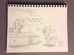 Size: 1101x810 | Tagged: safe, artist:fuzon-s, apple bloom, applejack, earth pony, pony, covering crotch, desperation, need to pee, omorashi, potty dance, potty emergency, potty time, request, requested art, sketch, traditional art, trotting, trotting in place