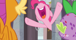 Size: 1420x755 | Tagged: safe, screencap, pinkie pie, smolder, spike, dragon, earth pony, pony, molt down, discovery family logo, female, mare, nose in the air, open mouth, stone scales, volumetric mouth