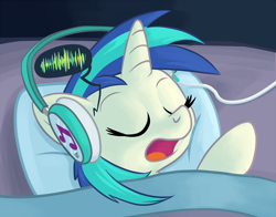 Size: 1200x941 | Tagged: safe, artist:1trick, dj pon-3, vinyl scratch, pony, unicorn, 1trickpone's sleeping ponies, bed, eyes closed, headphones, pillow, sleeping, solo