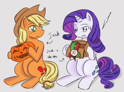 Size: 1004x742 | Tagged: safe, artist:graustarks, applejack, rarity, earth pony, pony, unicorn, female, gray background, halloween, holiday, jack-in-the-box, jack-o-lantern, lesbian, pumpkin, rarijack, shipping, simple background, sitting