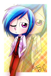 Size: 735x1088 | Tagged: safe, artist:fj-c, dj pon-3, vinyl scratch, human, blushing, clothes, humanized, necktie, solo