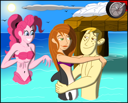 Size: 2314x1876 | Tagged: safe, artist:physicrodrigo, part of a series, part of a set, pinkie pie, human, mermaid, orca, series:equestria mermaids, equestria girls, bedroom eyes, belly button, bra, breasts, clothes, creeping, crossover, dress, grin, high res, holding each other, hug, incoming, kim possible, looking at each other, married couple, mermaid lovers, mermaidized, moped, ocean, pier, pinkie pies, ponytail, ron stoppable, seashell bra, smiling, species swap, underwear, wedding dress