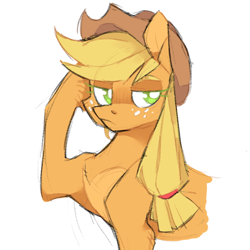 Size: 628x627 | Tagged: safe, artist:xenon, applejack, earth pony, pony, cowboy hat, hat, lidded eyes, looking at you, simple background, solo, unshorn fetlocks, white background