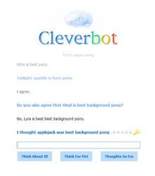 Size: 491x558 | Tagged: safe, barely pony related, cleverbot, meme, meta, no pony, text, text only