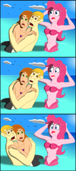 Size: 2719x6084 | Tagged: safe, artist:physicrodrigo, part of a series, part of a set, pinkie pie, human, mermaid, orca, series:equestria mermaids, equestria girls, absurd resolution, armpits, awestruck, belly button, bra, breasts, chara, clothes, comic strip, crossover, frisk, hands on head, holding each other, hug, kim possible, looking at each other, married couple, mermaid lovers, mermaidized, midriff, ocean, pinkie pies, ponytail, ron stoppable, seashell bra, shocked expression, species swap, story included, undertale, when she doesn't smile, when you see it