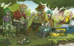 Size: 1000x625 | Tagged: safe, artist:theartrix, big macintosh, braeburn, snails, snips, spike, human, cider, converse, dappled sunlight, fishing, grass, humanized, male, shoes, sitting, tree