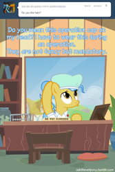 Size: 600x899 | Tagged: safe, artist:adiwan, doctor fauna, earth pony, pony, ask, ask the vet pony, cap, desk, female, hat, mare, sitting, solo