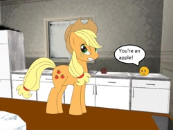 Size: 1152x864 | Tagged: safe, artist:yrt9401, applejack, earth pony, pony, annoying orange, apple, food