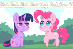 Size: 1000x677 | Tagged: safe, artist:omegaozone, derpibooru import, pinkie pie, twilight sparkle, twilight sparkle (alicorn), alicorn, earth pony, pony, :<, animated, blah, blinking, blush sticker, blushing, bored, chest fluff, chibi, cute, diapinkes, eye contact, female, frame by frame, frown, lidded eyes, looking at each other, mare, open mouth, perfect loop, prancing, sitting, smiling, speech bubble, talking, trotting, trotting in place, twilight is not amused, unamused