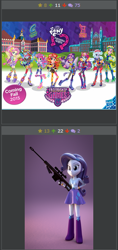 Size: 258x545 | Tagged: safe, artist:creatorofpony, rarity, equestria girls, friendship games, 3d, canterlot high, crystal prep academy, derpibooru, exploitable meme, female, gun, juxtaposition, juxtaposition win, meme, meta, optical sight, rifle, sniper rifle, text, weapon, wings