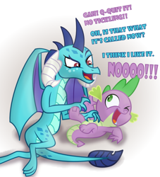 Size: 968x1066 | Tagged: safe, artist:changeling #209458, princess ember, spike, dragon, adorkable, baby, baby dragon, big no, cute, dialogue, dork, dragoness, emberbetes, female, looking at each other, male, mare, one eye closed, open mouth, simple background, spikabetes, tickling, weapons-grade cute, white background