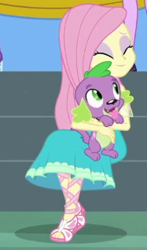 Size: 187x319 | Tagged: safe, fluttershy, spike, spike the regular dog, dog, better together, equestria girls, happily ever after party, happily ever after party: applejack, clothes, dress, eyes closed, eyeshadow, feet, female, makeup, male, paws, sandals, smiling