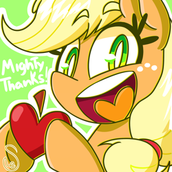 Size: 2000x2000 | Tagged: safe, artist:quarium, applejack, earth pony, pony, apple, dialogue, female, food, freckles, heart, hoof hold, looking at you, mare, open mouth, solo