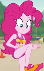 Size: 399x644 | Tagged: safe, screencap, pinkie pie, better together, equestria girls, unsolved selfie mysteries, animation error, clothes, cropped, raised leg, swimsuit