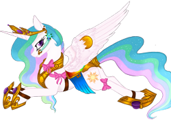 Size: 1359x958 | Tagged: safe, artist:nightingalewolfie, princess celestia, alicorn, pony, armor, bow, bridle, crown, jewelry, prone, regalia, simple background, solo, tack, transparent background