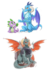 Size: 1263x1920 | Tagged: safe, artist:audrarius, dragon lord torch, princess ember, spike, dragon, gauntlet of fire, female, male, open mouth, simple background, white background