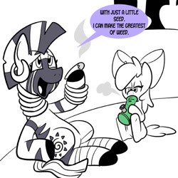 Size: 576x576 | Tagged: safe, artist:pembroke, apple bloom, zecora, zebra, blunt, bong, drugs, marijuana, open mouth, simple background, sitting, smiling, smoking, underhoof, white background