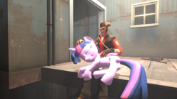 Size: 1280x720 | Tagged: safe, artist:christian69229, derpibooru import, twilight sparkle, twilight sparkle (alicorn), alicorn, human, pony, 3d, crossover, cuddling, cute, female, mare, on side, petting, sitting, sleeping, smiling, sniper, source filmmaker, team fortress 2, twiabetes, weapon