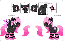 Size: 968x634 | Tagged: safe, artist:wyrdaagaeti, oc, oc only, oc:velvet kisses, pegasus, pony, bow, choker, clothes, cutie mark, eyes closed, female, glasses, hair bow, mare, open mouth, reference sheet, simple background, smiling, socks, solo, spiked choker, spread wings, striped socks, white background